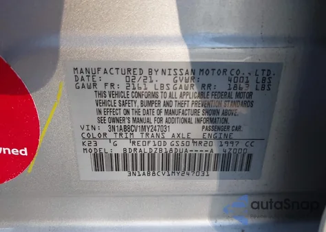 2021 Nissan Sentra Sv Xtronic Cvt z USA, uszkodzony, nr VIN 3N1AB8CV1MY247031